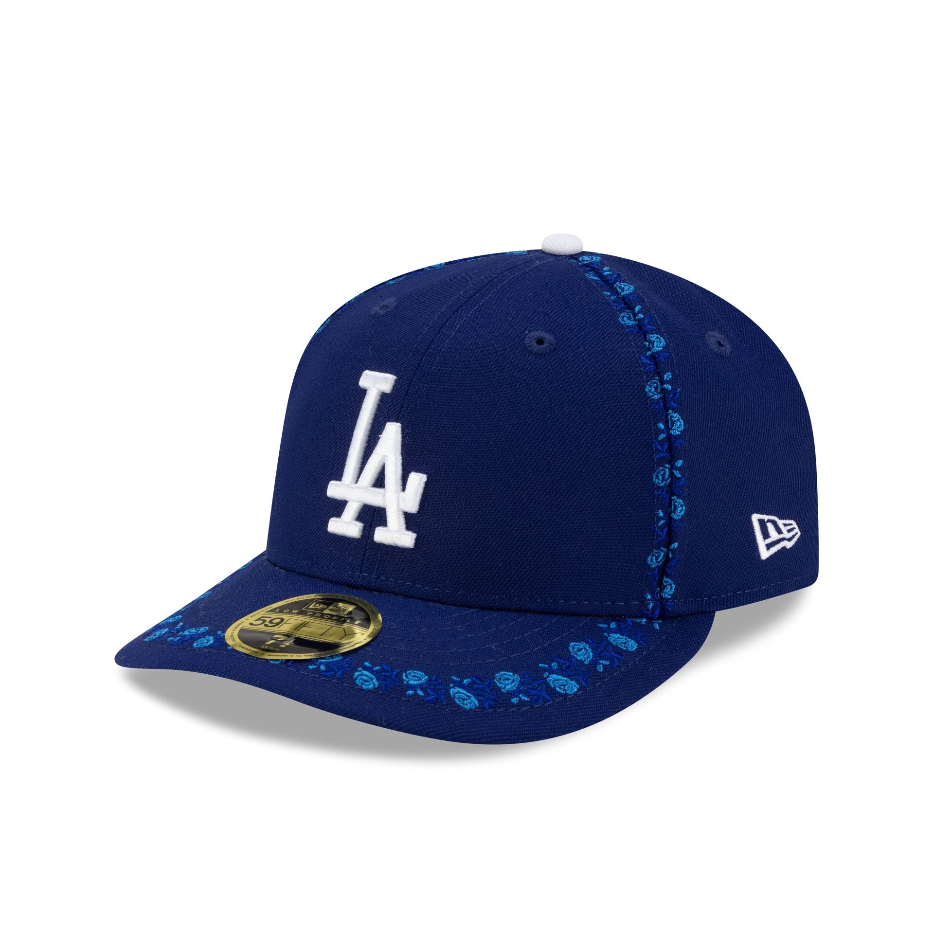 14736990_LP59FIFTY_JAPANFW25_LOSDOD_BLUE_3QL Los Angeles Dodgers Rose Emblem Low Profile 59FIFTY Fitted Hat - Image 1