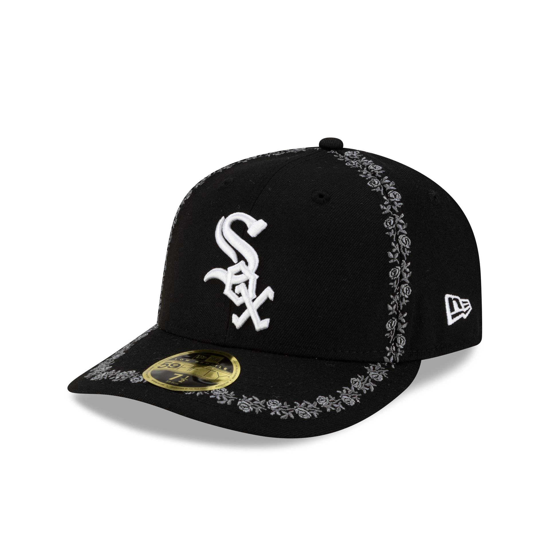 14736991_LP59FIFTY_JAPANFW25_CHIWHI_BLACK_3QL Chicago White Sox Rose Emblem Low Profile 59FIFTY Fitted Hat - Image 1