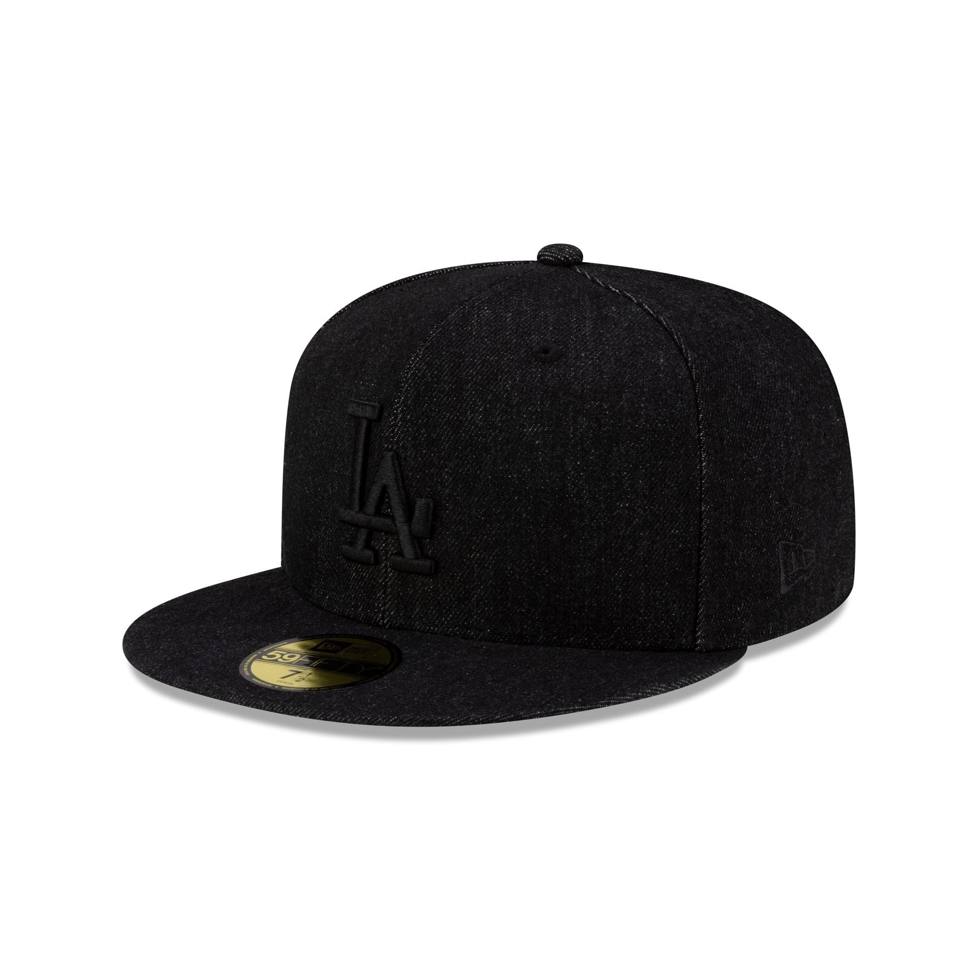 14737592_59FIFTY_JAPANFW25_LOSDOD_BLACK_3QL Los Angeles Dodgers Black Denim 59FIFTY Fitted Hat - Image 1