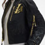 Alpha Industries x New York Knicks Black and Gold Women's Cropped L-2B Bomber Jacket - Image 5