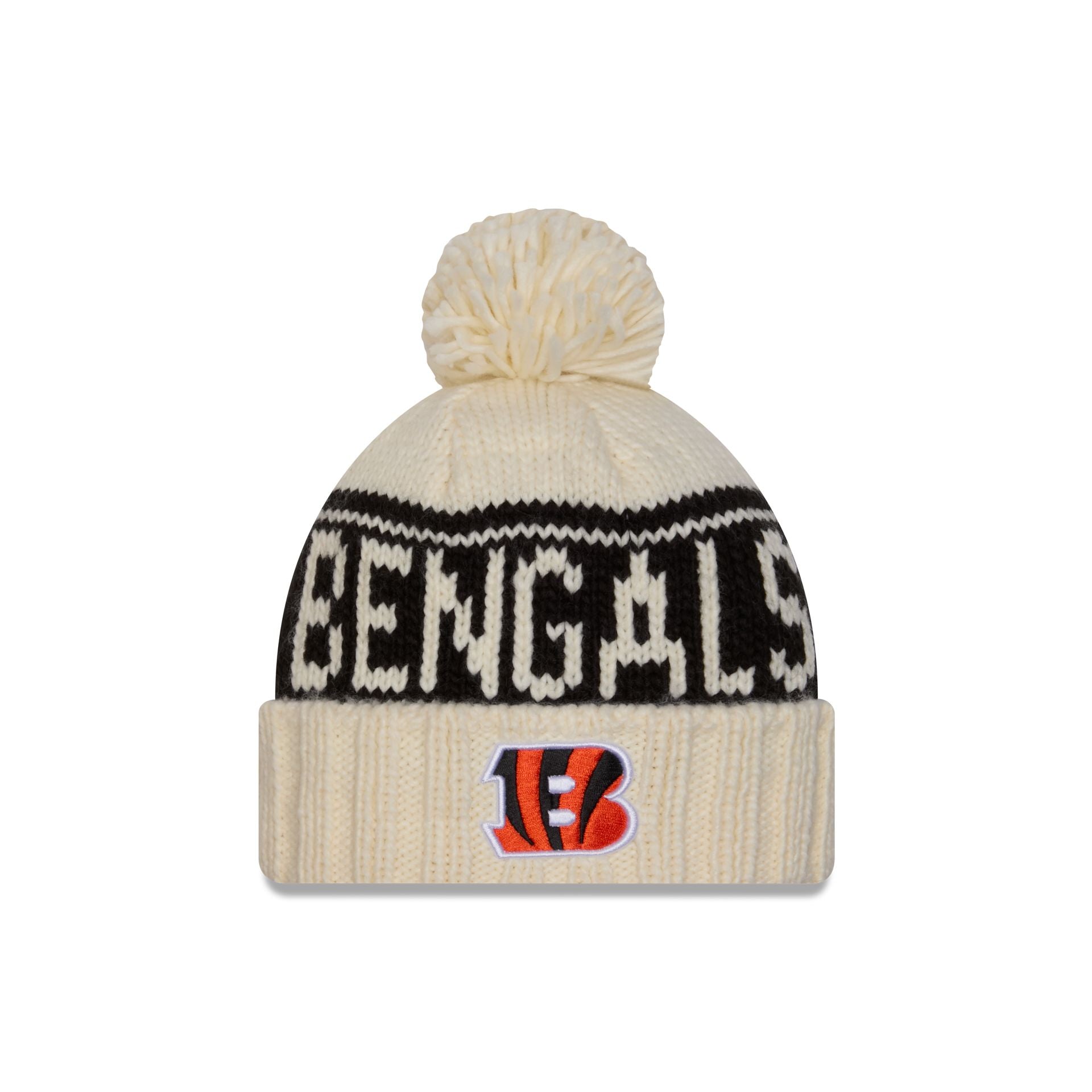 60549316_60549106_KNIT_WNFL24SLKNIT_CINBEN_CHWOTC_F Cincinnati Bengals 2024 Cold Weather Chrome Pom Knit Hat - Image 1