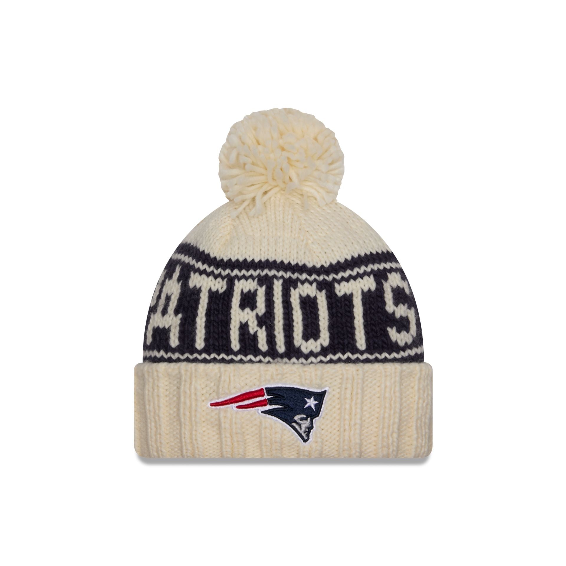 60549344_60549128_KNIT_WNFL24SLKNIT_NEEPAT_CHWOTC_F New England Patriots 2024 Cold Weather Chrome Pom Knit Hat - Image 1