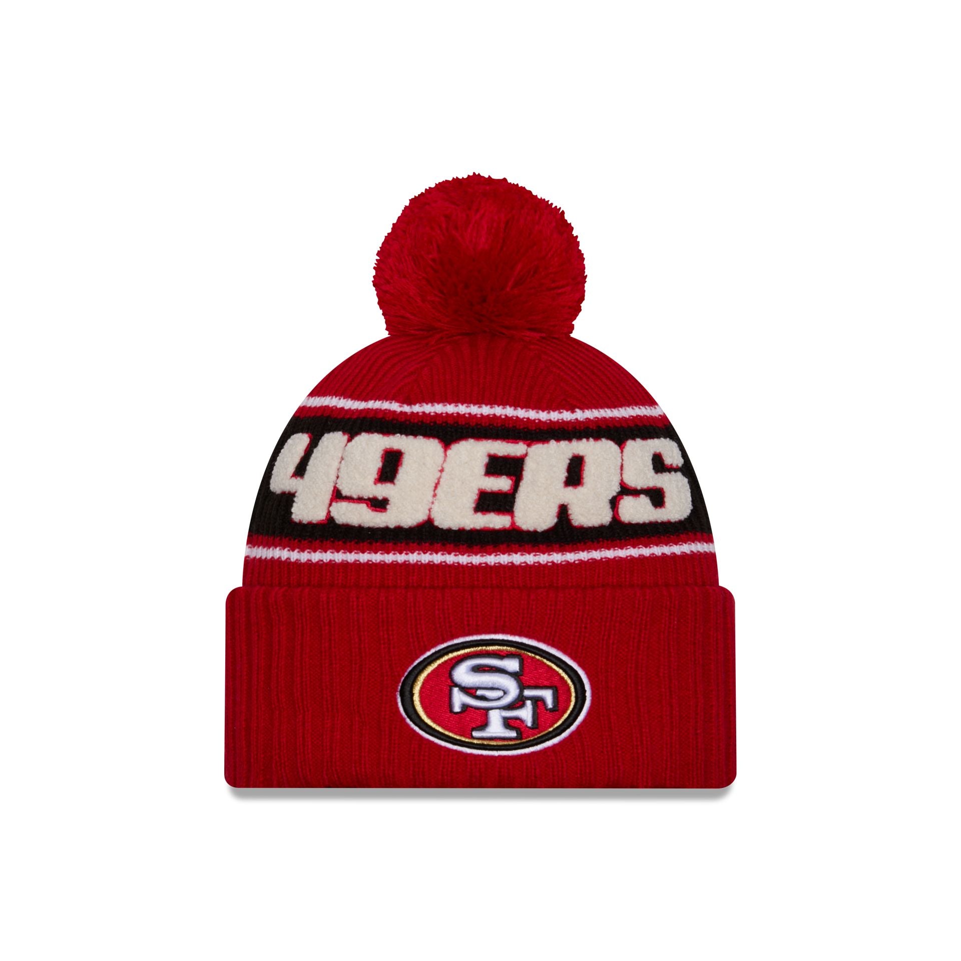 60549505_60549437_KNIT_NFL24SLSPTKNT_SAF49E_OTC_F San Francisco 49ers 2024 Cold Weather Sport Pom Knit Hat - Image 1