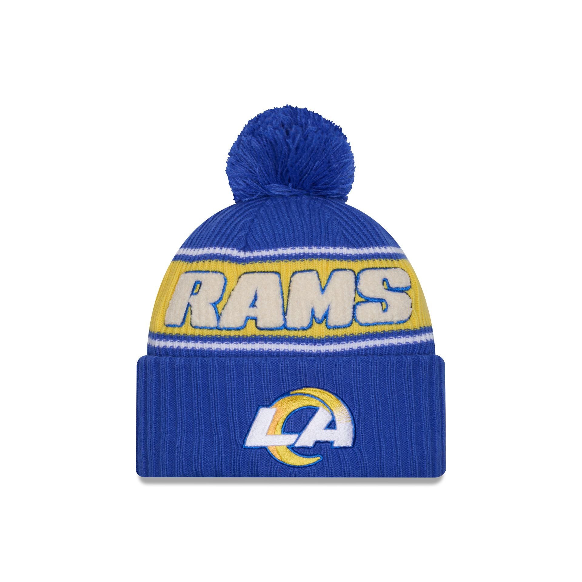 60549514_60549443_KNIT_NFL24SLSPTKNT_LOSRAM_OTC_F-1 Los Angeles Rams 2024 Cold Weather Sport Pom Knit Hat - Image 1