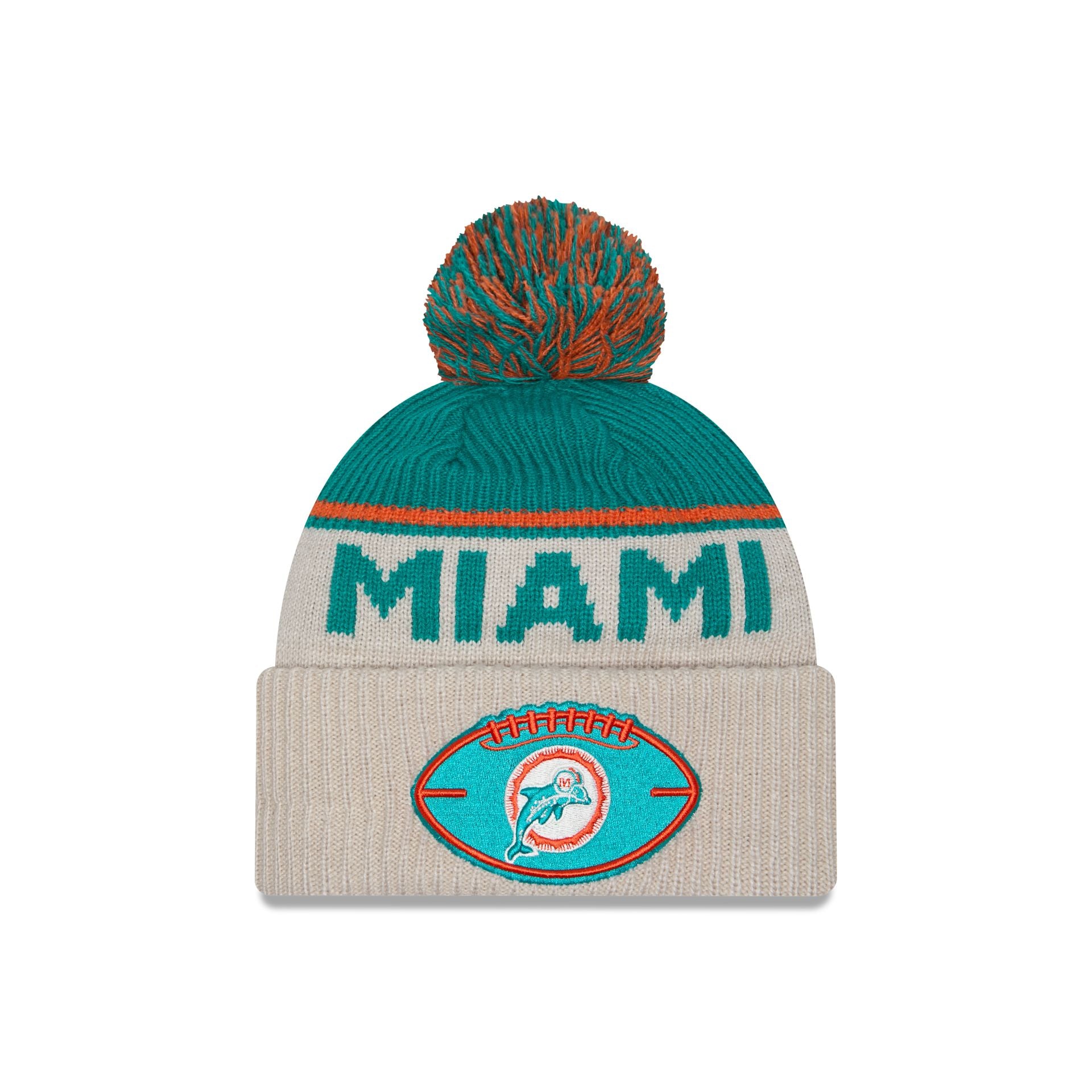 60549555_KNIT_NFL24SLHISSPRTKNTMIADOLCCSTNOTC_MIADOL_OTC_F Miami Dolphins 2024 Cold Weather Historic Pom Knit Hat - Image 1