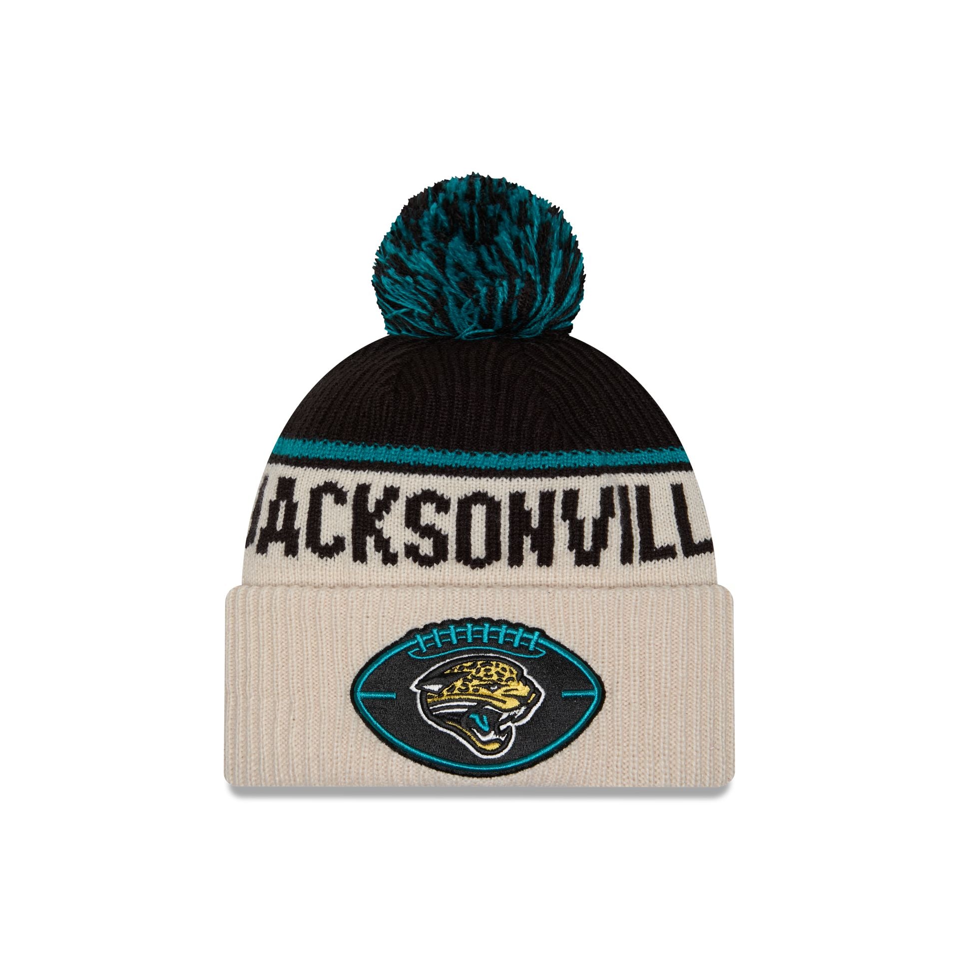 60549557_KNIT_NFL24SLHISSPRTKNTJACJAGCCSTNOTC_JACJAG_OTC_F Jacksonville Jaguars 2024 Cold Weather Historic Pom Knit Hat - Image 1