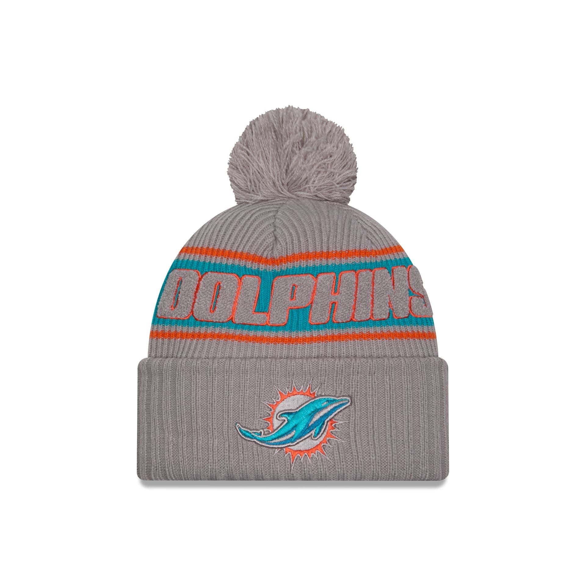 60549588_60549422_KNIT_NFL24SLSPTKNTCW_MIADOL_GRA_F Miami Dolphins 2024 Cold Weather Gray Pom Knit Hat - Image 1