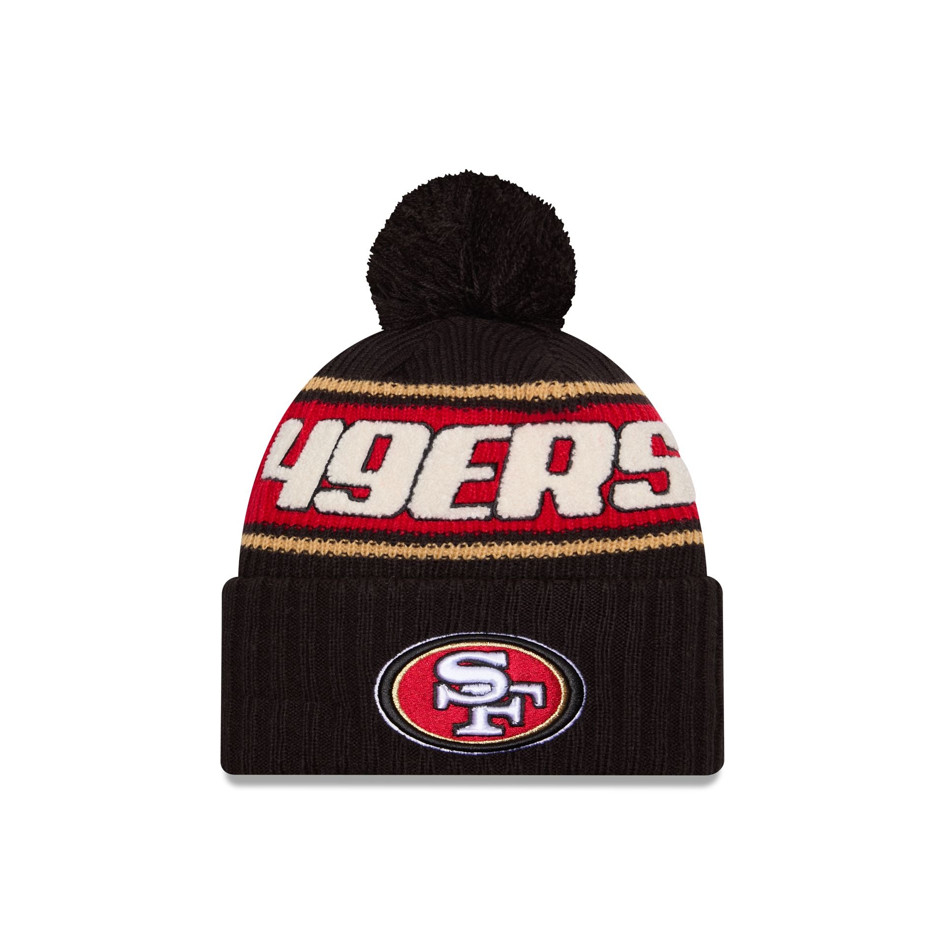 60549608_KNIT_NFL24SLSPTKNTCUS_SAF49E_BLK_F San Francisco 49ers 2024 Cold Weather Black Pom Knit Hat - Image 1