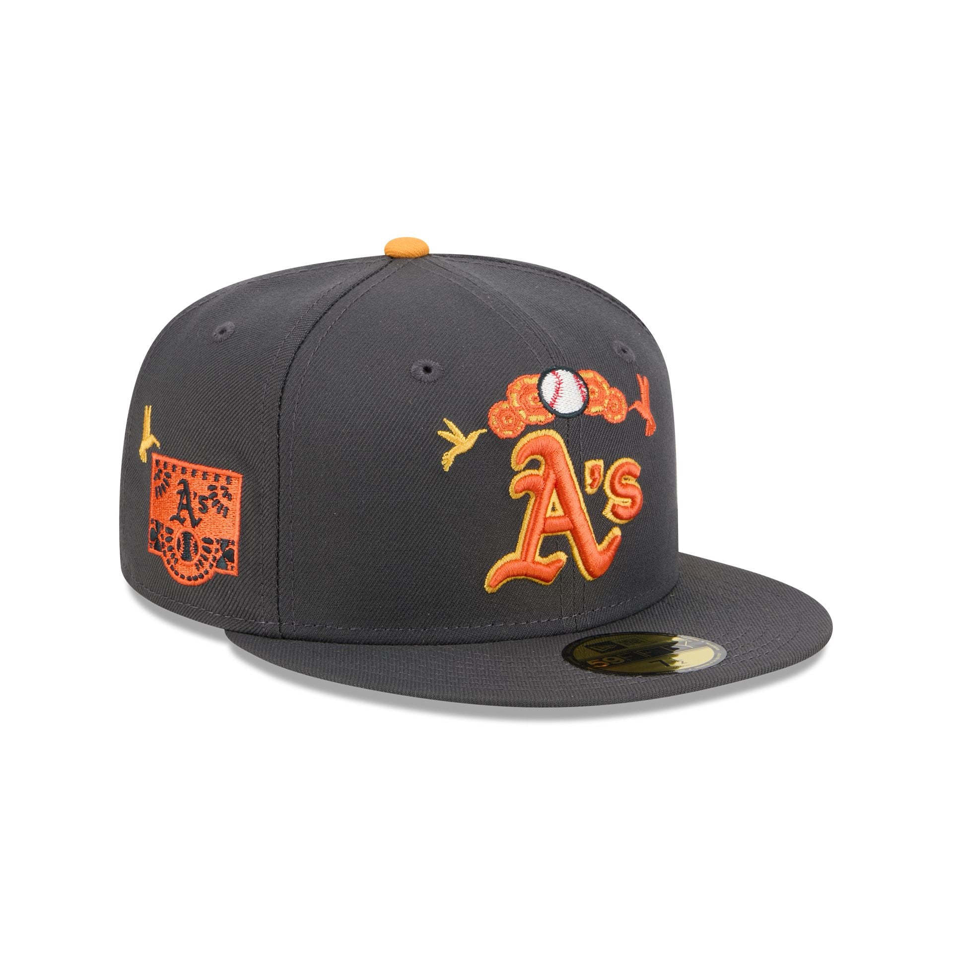 60675085_59FIFTY_5950DIADEMUERTOSOAKATHGRH_OAKATH_GRH_3QR Athletics Day of the Dead Graphite 59FIFTY Fitted Hat - Image 1