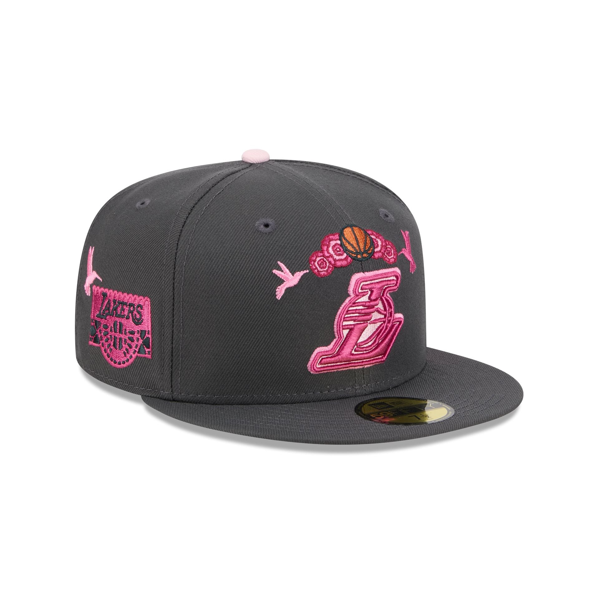 60675093_59FIFTY_5950DIADEMUERTOSLOSLAKGRH_LOSLAK_GRH_3QR Los Angeles Lakers Day of the Dead Graphite 59FIFTY Fitted Hat - Image 1