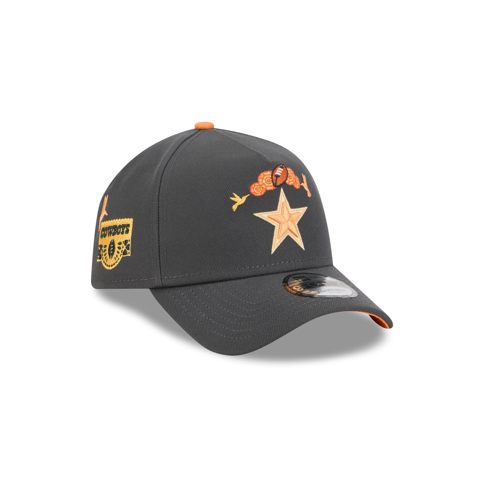 60675105_9FORTYAF_940AFDIADEMUERTOSDALCOWGRH_DALCOW_GRH_3QR Dallas Cowboys Day of the Dead Graphite 9FORTY A-Frame Snapback Hat - Image 1