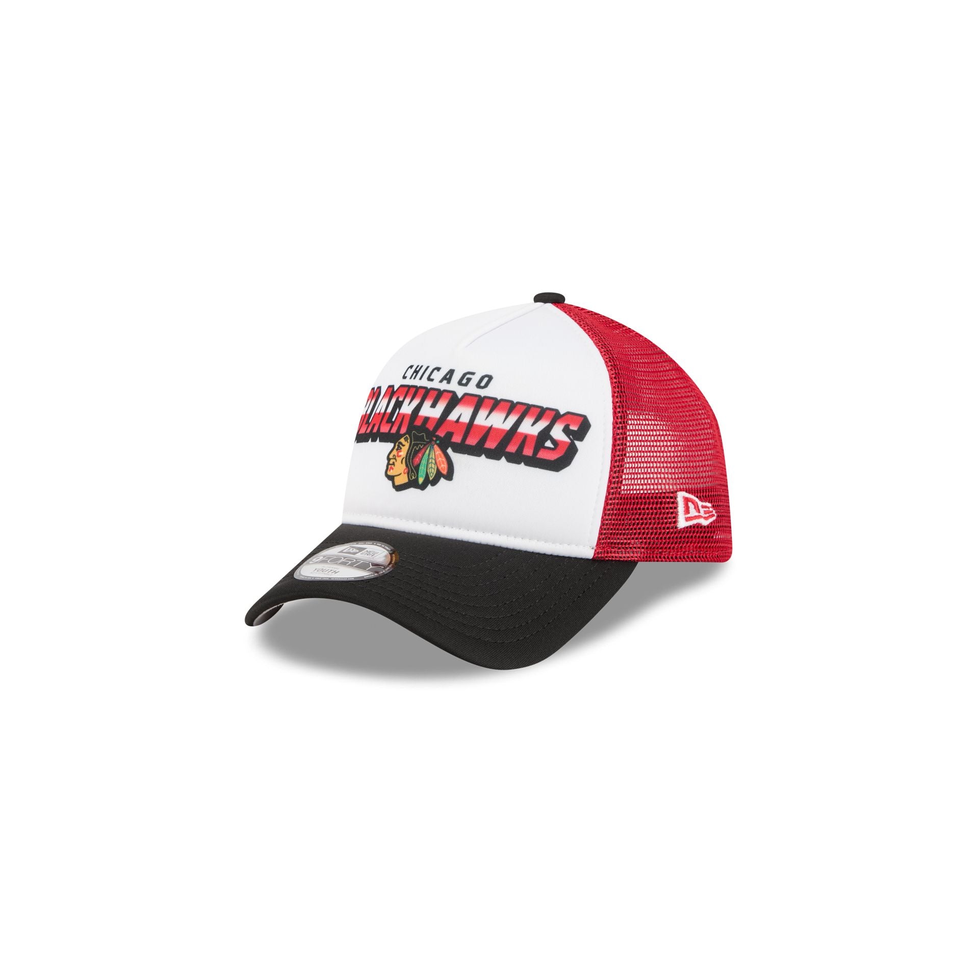 60710254_9FORTYAF_940AFSTREAK25240_CHIBLA_OTC_3QL Chicago Blackhawks Shine Kids 9FORTY A-Frame Trucker Hat - Image 1
