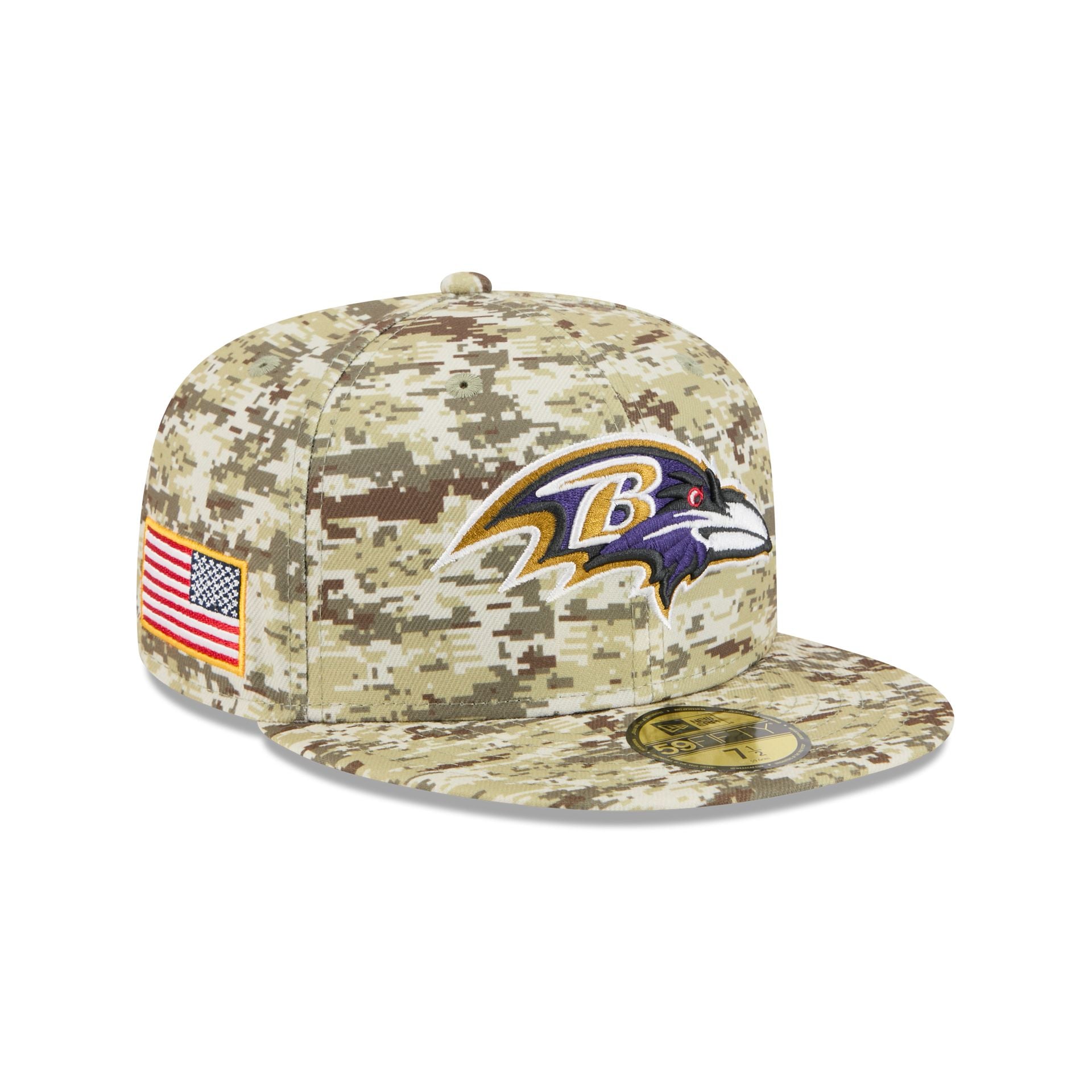 60770477_59FIFTY_NFL25STSFP29757_BALRAV_DES_3QR Baltimore Ravens 2025 Salute to Service Fan Gear 59FIFTY Fitted Hat - Image 1