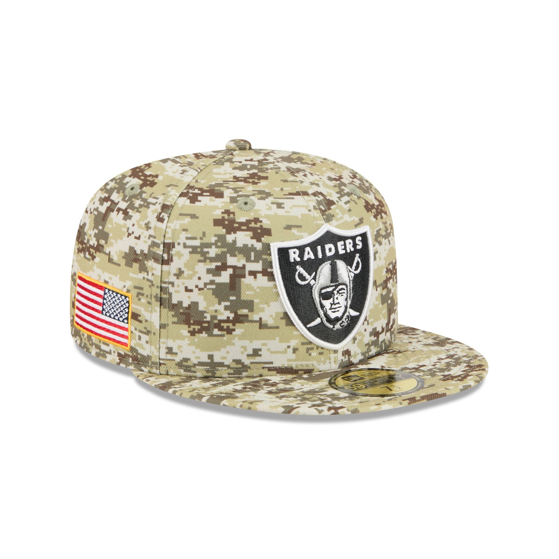 60770495_59FIFTY_NFL25STSFP29757_LAS_20VEGAS_20RAIDERS_DES_3QR Las Vegas Raiders 2025 Salute to Service Fan Gear 59FIFTY Fitted Hat - Image 1