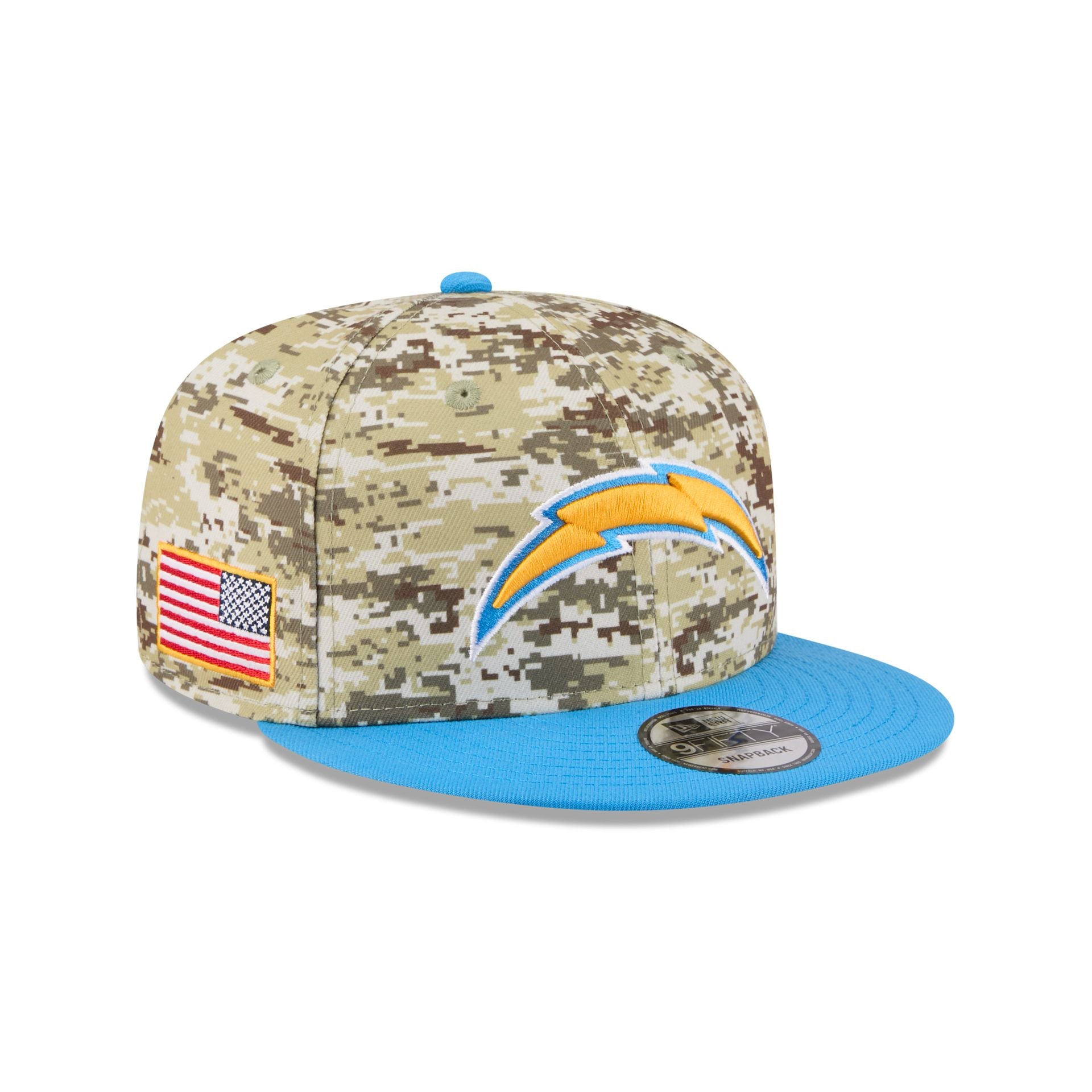 60770663_9FIFTY_NFL25STSFP29814_LOSCHA_OTC_3QR Los Angeles Chargers 2025 Salute to Service Fan Gear 9FIFTY Snapback Hat - Image 1