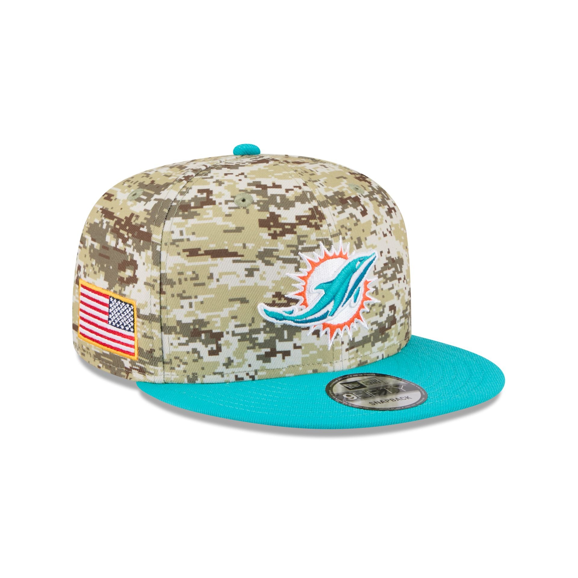 60770673_9FIFTY_NFL25STSFP29814_MIADOL_OTC_3QR Miami Dolphins 2025 Salute to Service Fan Gear 9FIFTY Snapback Hat - Image 1