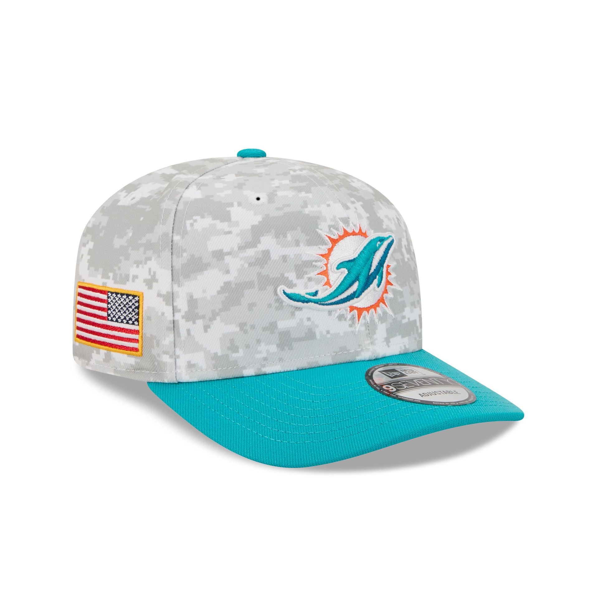 60770775_970_NFL25STSFP29819_MIADOL_OTC_3QR Miami Dolphins 2025 Salute to Service Fan Gear 9SEVENTY Stretch-Snap Hat - Image 1