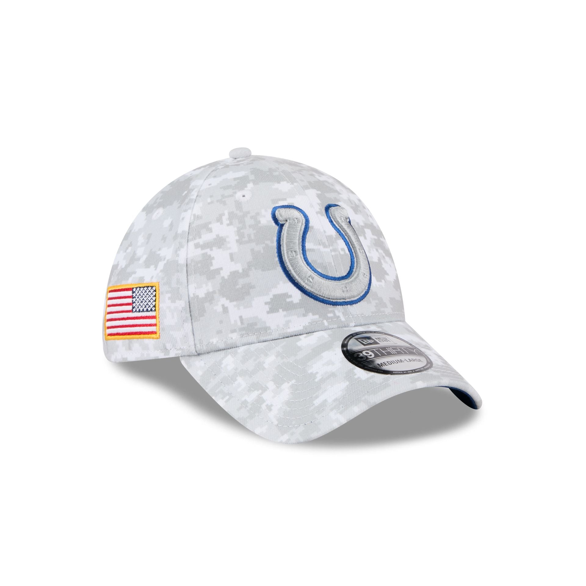 60770861_39THIRTY_NFL25STSFP29820_INDCOL_OTC_3QR Indianapolis Colts 2025 Salute to Service Fan Gear 39THIRTY Stretch Fit Hat - Image 1