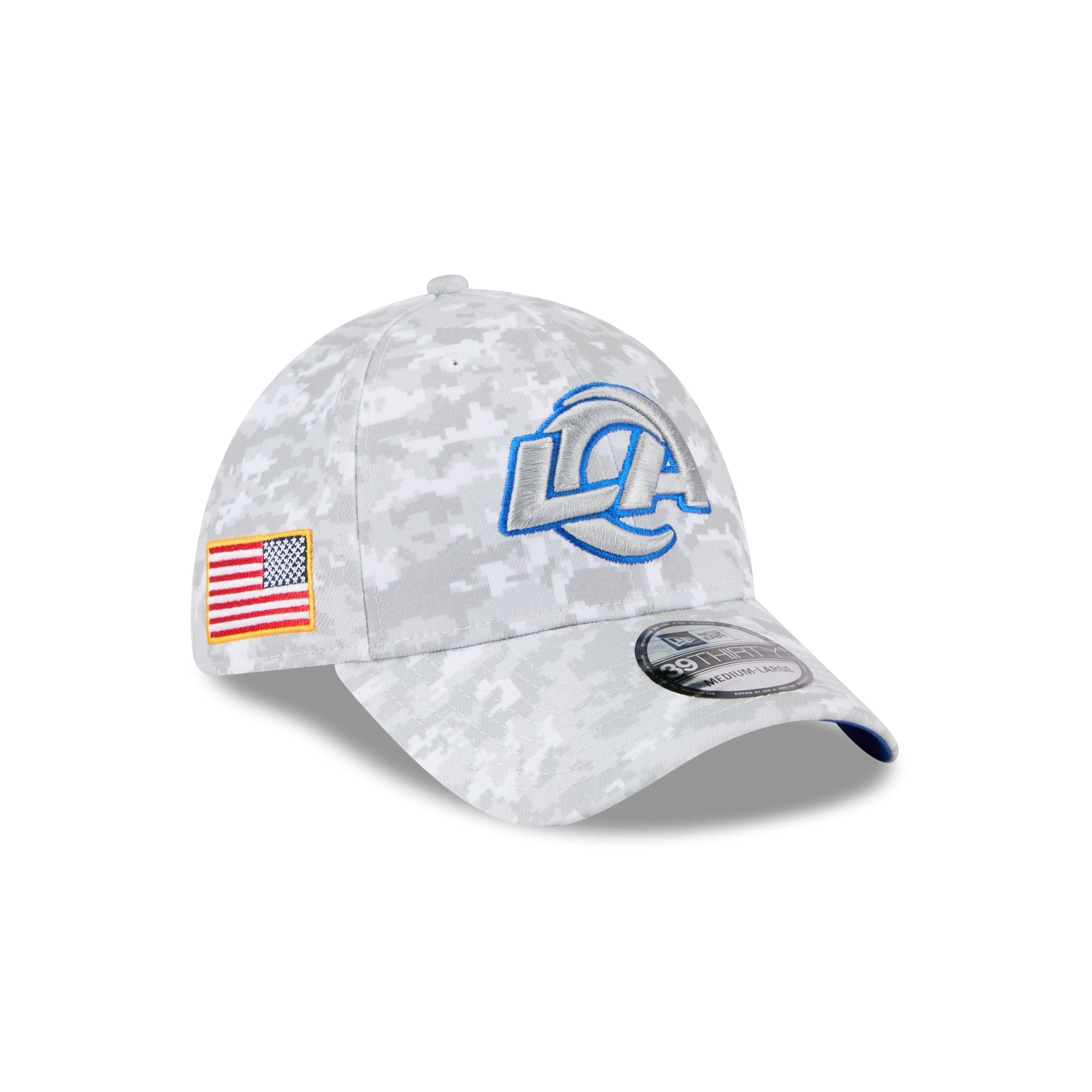 60770867_39THIRTY_NFL25STSFP29820_LOSRAM_OTC_3QR Los Angeles Rams 2025 Salute to Service Fan Gear 39THIRTY Stretch Fit Hat - Image 1