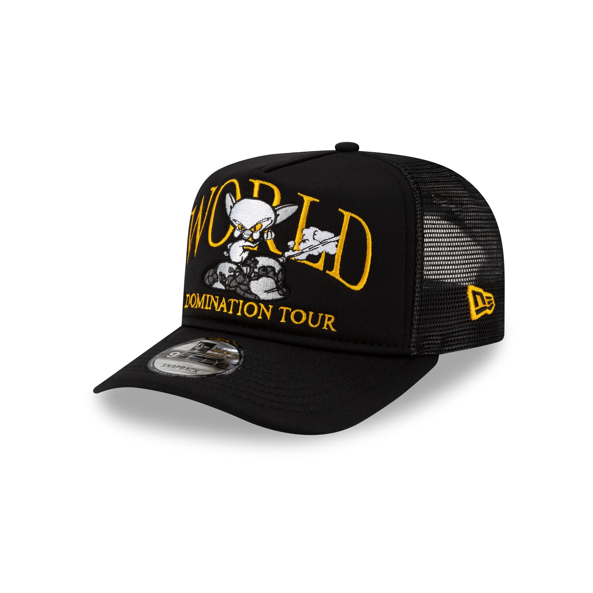 60832600_9FIFTY_20AF_ENTERTAINMENT25_PINKYBRAIN20TH_PINBRI_BLACK_3QL Pinky and the Brain World Domination Tour 9FIFTY A-Frame Trucker Hat - Image 1