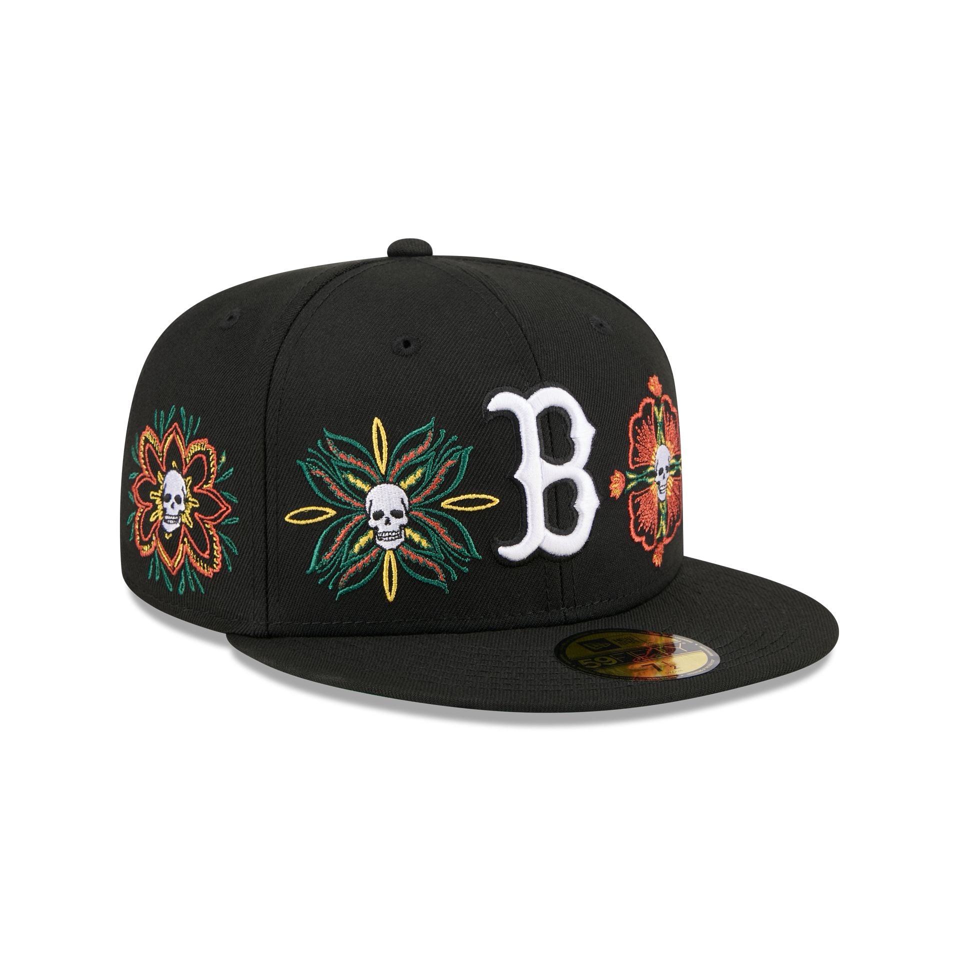 60832769_59FIFTY_LifestyleEnergy_BOSRED_BLK_3QR Boston Red Sox Day of the Dead Skull & Flowers 59FIFTY Fitted Hat - Image 1