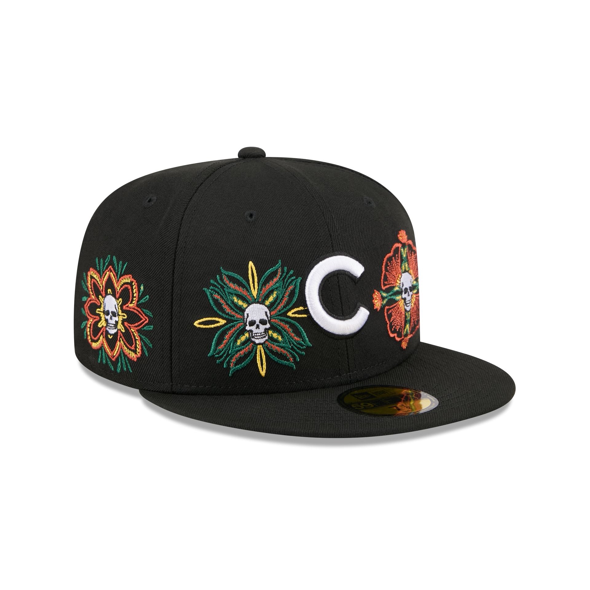 60832770_59FIFTY_LifestyleEnergy_CHICUB_BLK_3QR Chicago Cubs Day of the Dead Skull & Flowers 59FIFTY Fitted Hat - Image 1