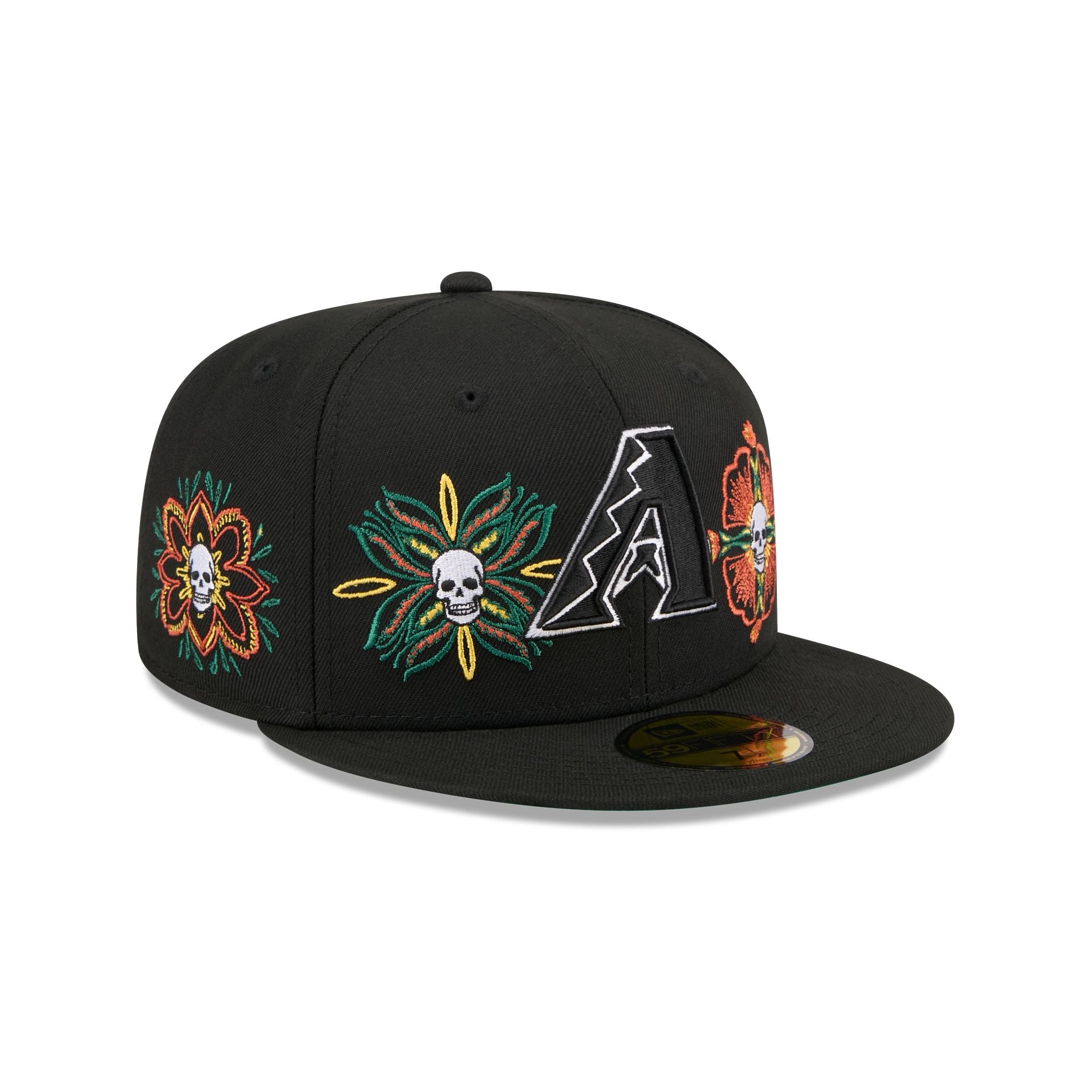 60832774_59FIFTY_LifestyleEnergy_ARIDIA_BLK_3QR Arizona Diamondbacks Day of the Dead Skull & Flowers 59FIFTY Fitted Hat - Image 1