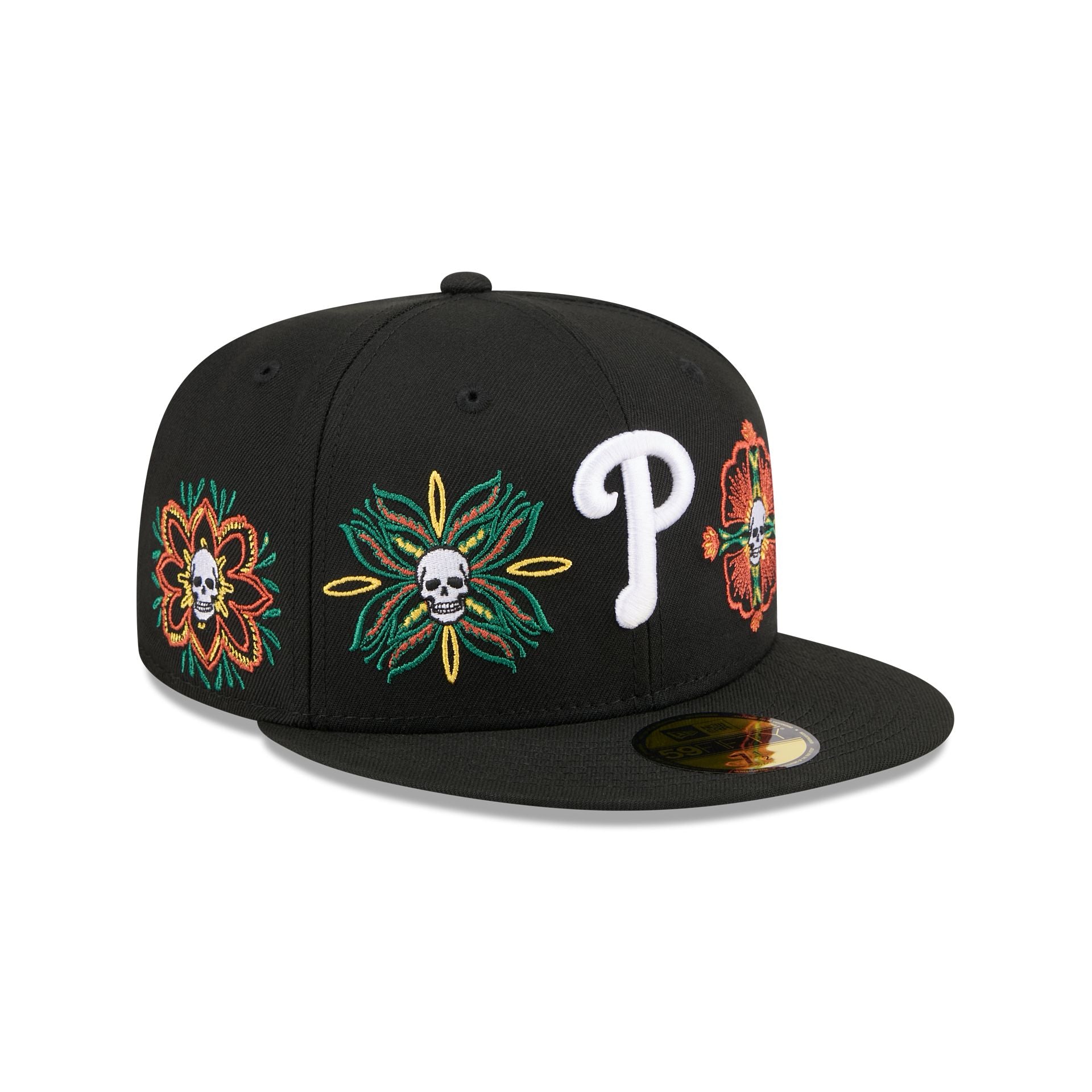 60832777_59FIFTY_LifestyleEnergy_PHIPHI_BLK_3QR Philadelphia Phillies Day of the Dead Skull & Flowers 59FIFTY Fitted Hat - Image 1