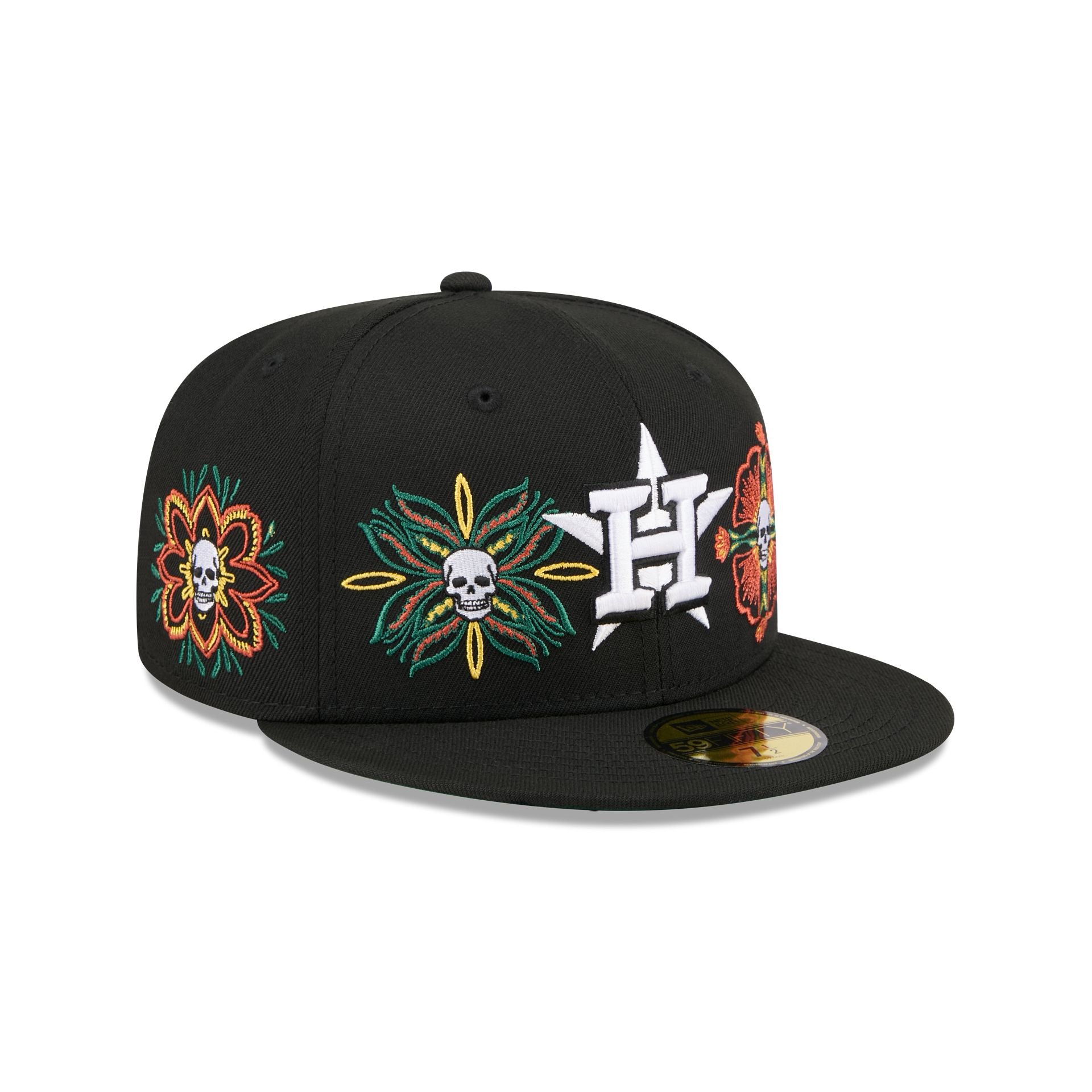 60832780_59FIFTY_LifestyleEnergy_HOUAST_BLK_3QR Houston Astros Day of the Dead Skull & Flowers 59FIFTY Fitted Hat - Image 1