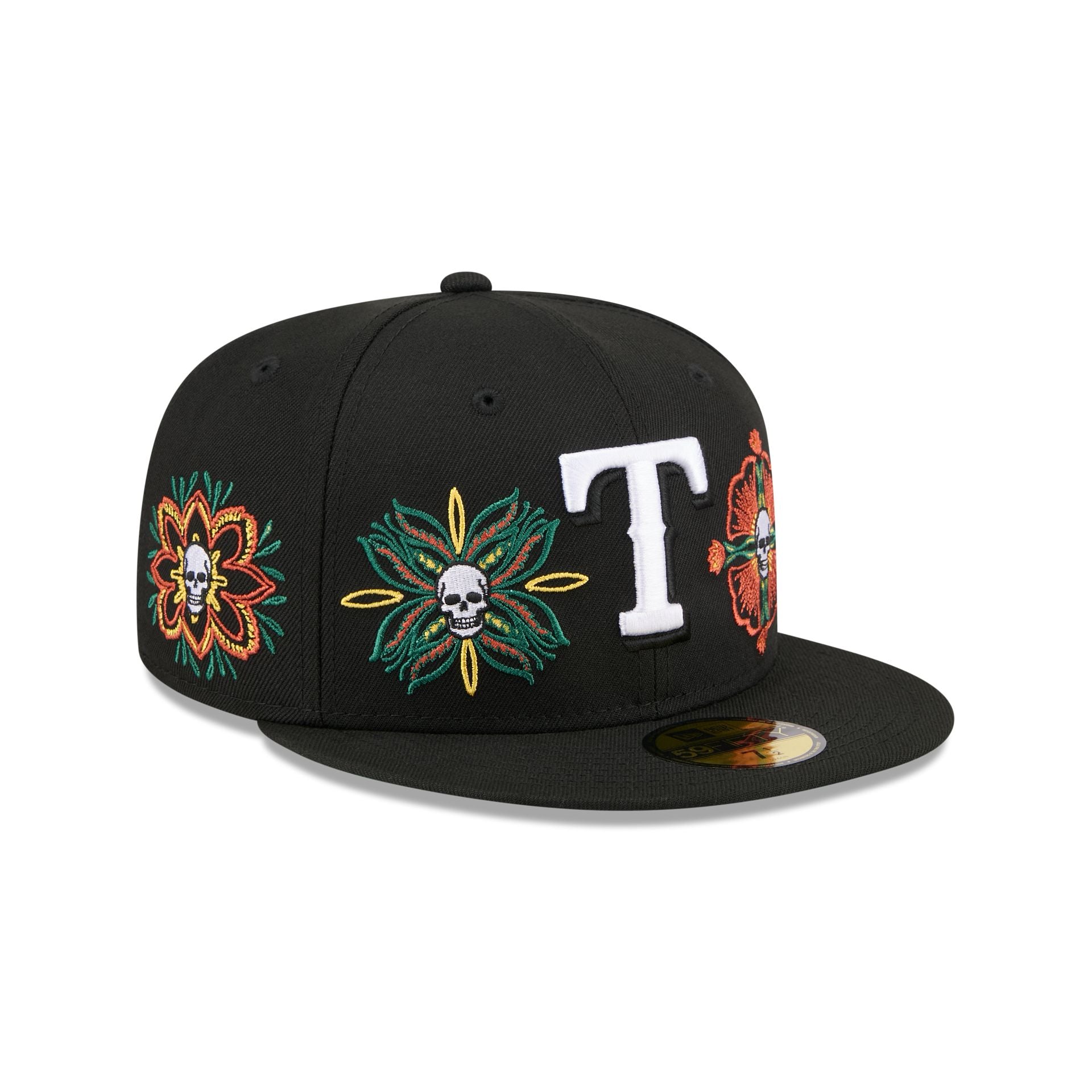 60832782_59FIFTY_LifestyleEnergy_TEXRAN_BLK_3QR Texas Rangers Day of the Dead Skull & Flowers 59FIFTY Fitted Hat - Image 1
