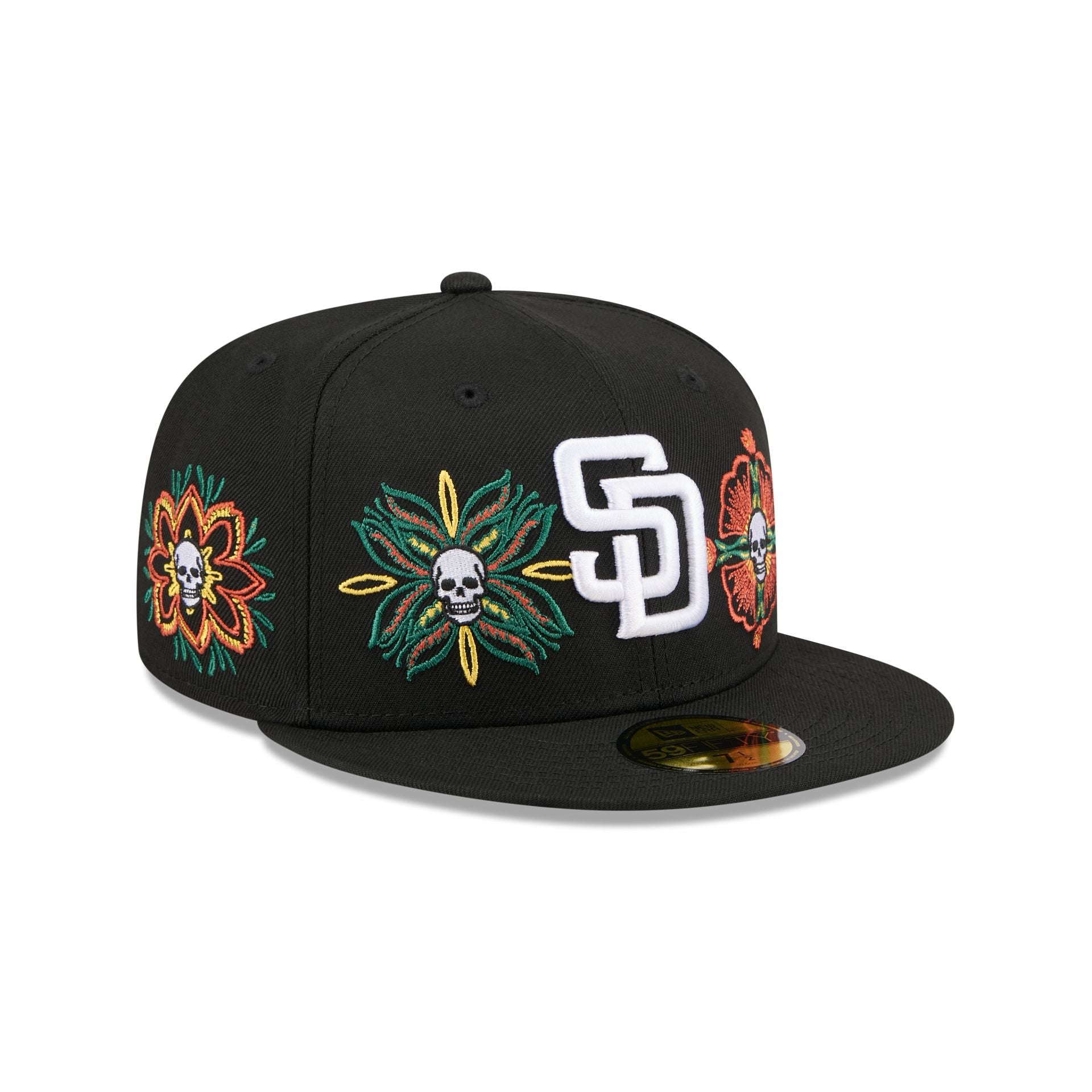 60832785_59FIFTY_LifestyleEnergy_SADPAD_BLK_3QR San Diego Padres Day of the Dead Skull & Flowers 59FIFTY Fitted Hat - Image 1