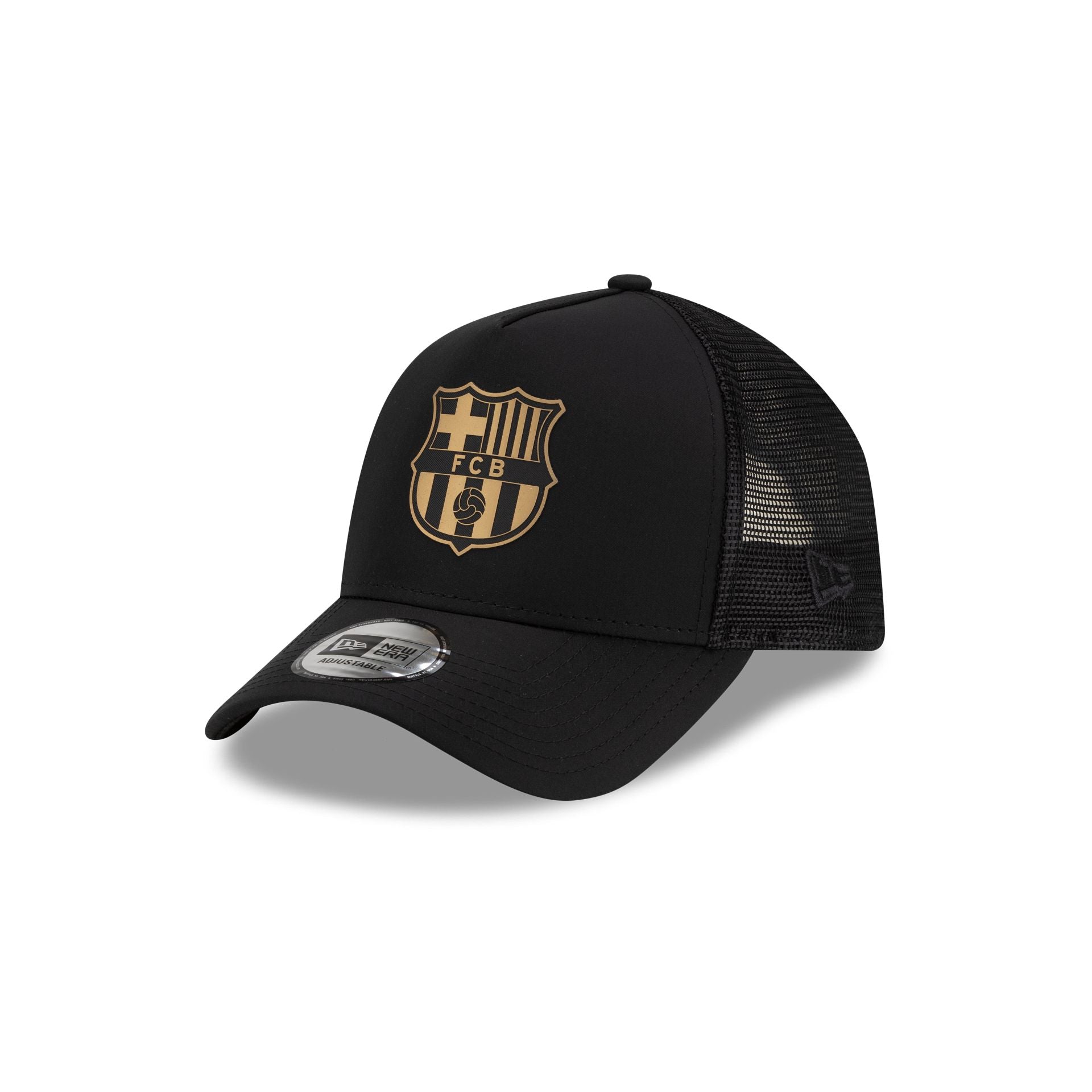 60849527_9FORTY_20AF_SOCCER25_FCBARCA_FALLEXCLUSIVES_FCBARC_BLACK_3QL FC Barcelona Black & Gold 9FORTY A-Frame Trucker Hat - Image 1