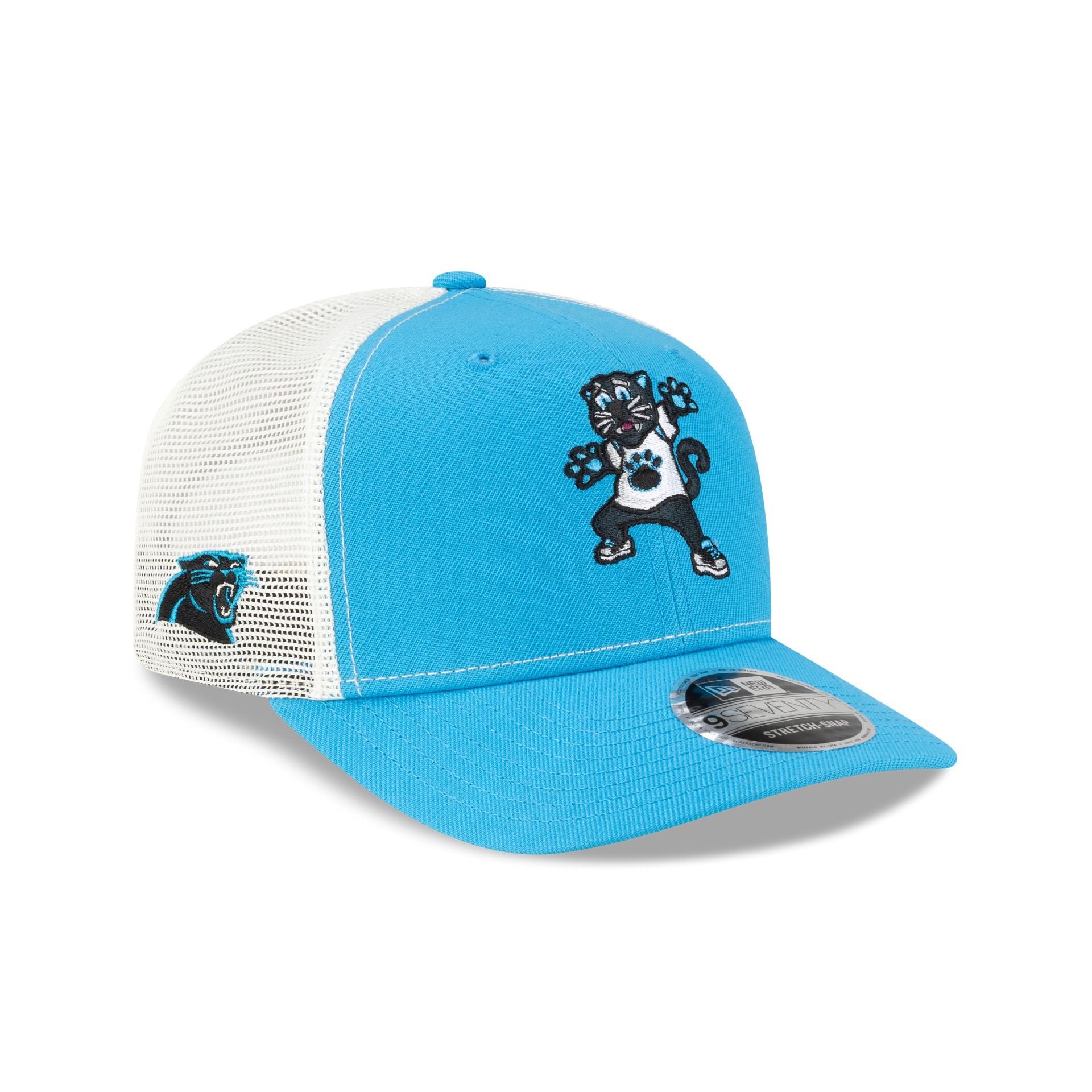 70988339_9SEVENTY_NFL25_MASCOTS_CARPAN_BLUE_3QR Carolina Panthers Mascot 9SEVENTY Trucker Hat - Image 1