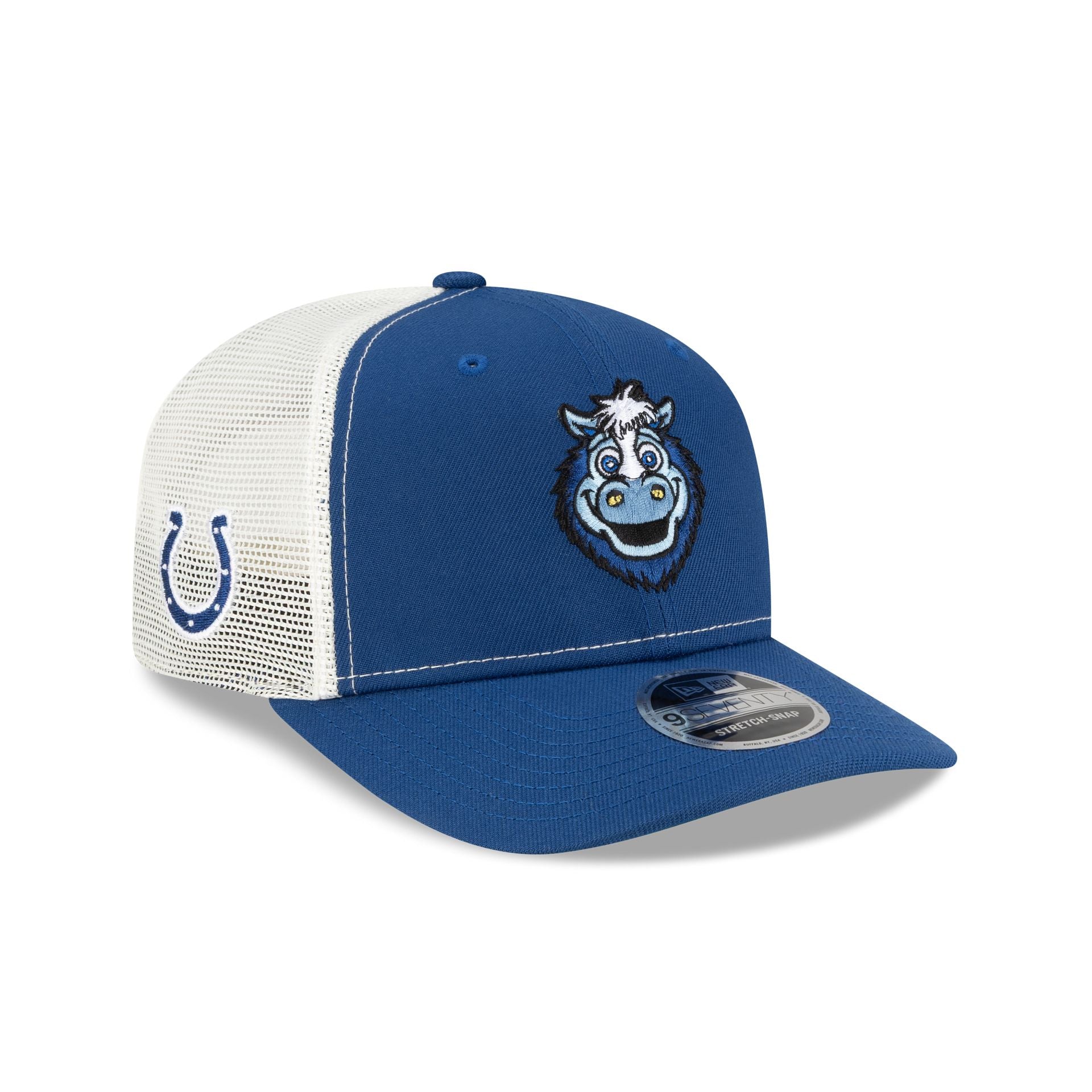 70988561_9SEVENTY_NFL25_MASCOTS_INDCOL_BLUE_3QR Indianapolis Colts Mascot 9SEVENTY Trucker Hat - Image 1
