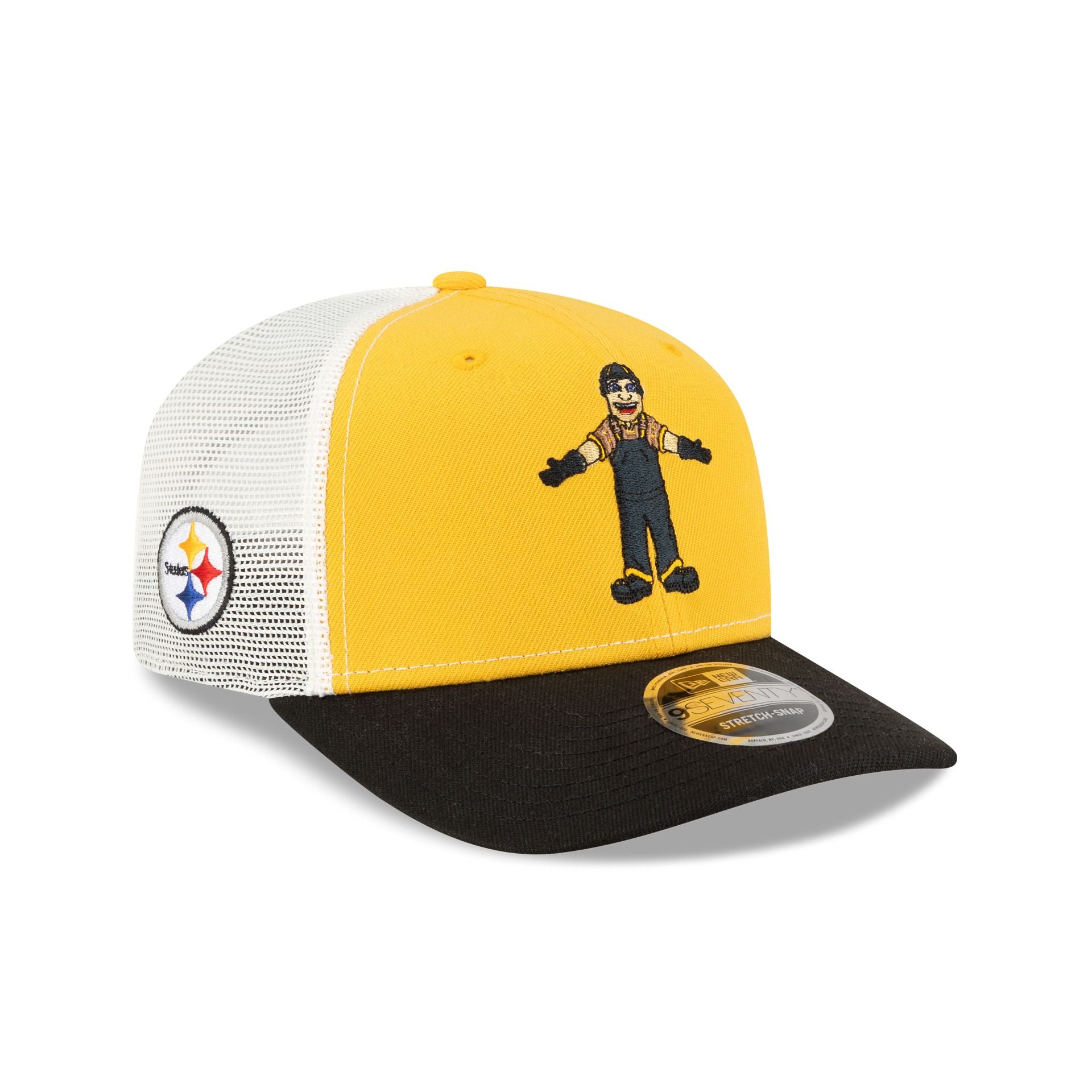 70988587_9SEVENTY_NFL25_MASCOTS_PITSTE_BLACK_3QR Pittsburgh Steelers Mascot 9SEVENTY Trucker Hat - Image 1